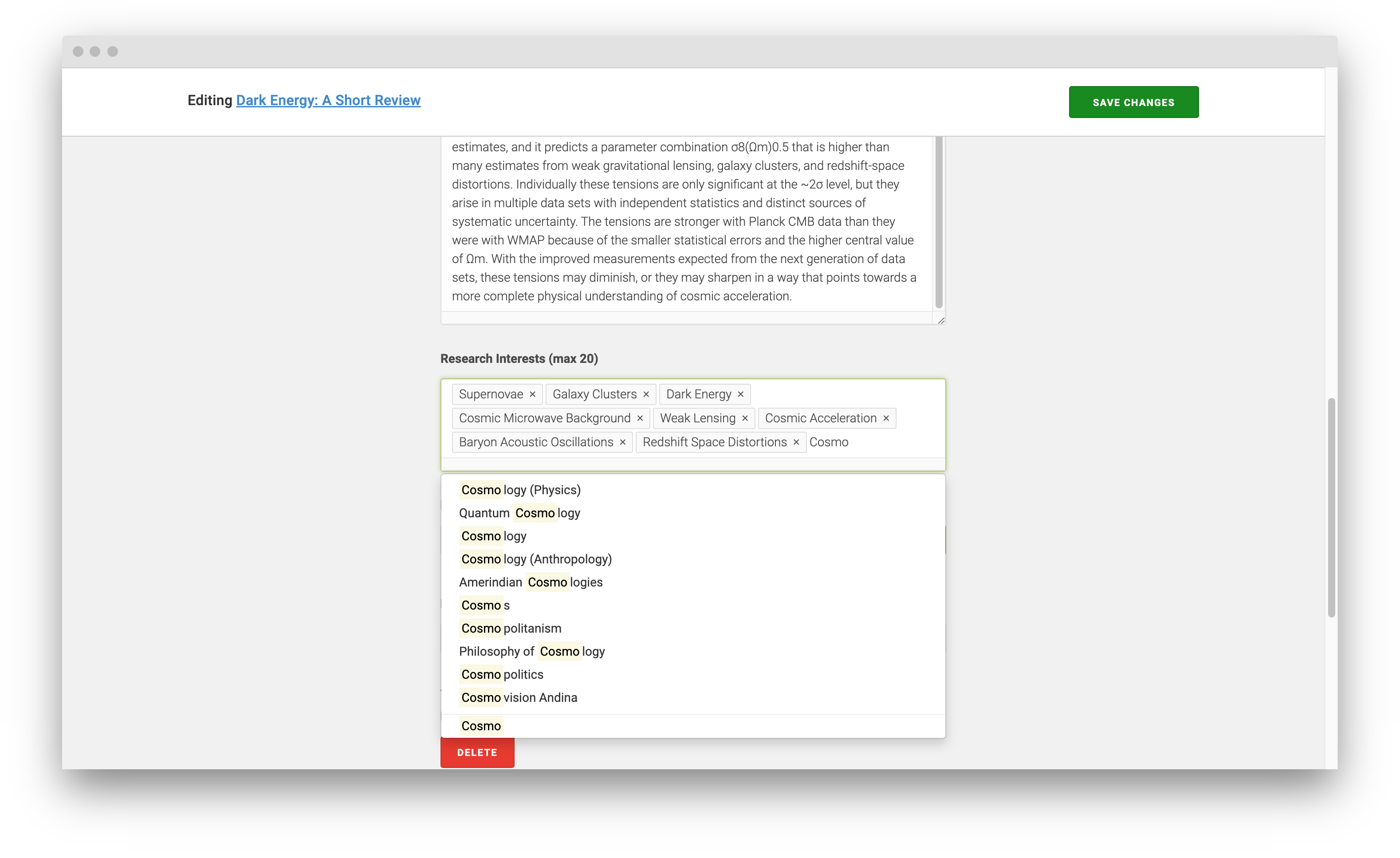 When you begin typing your research interests, a list of options will appear for you to choose from. Click on an option to save it as a research interest.