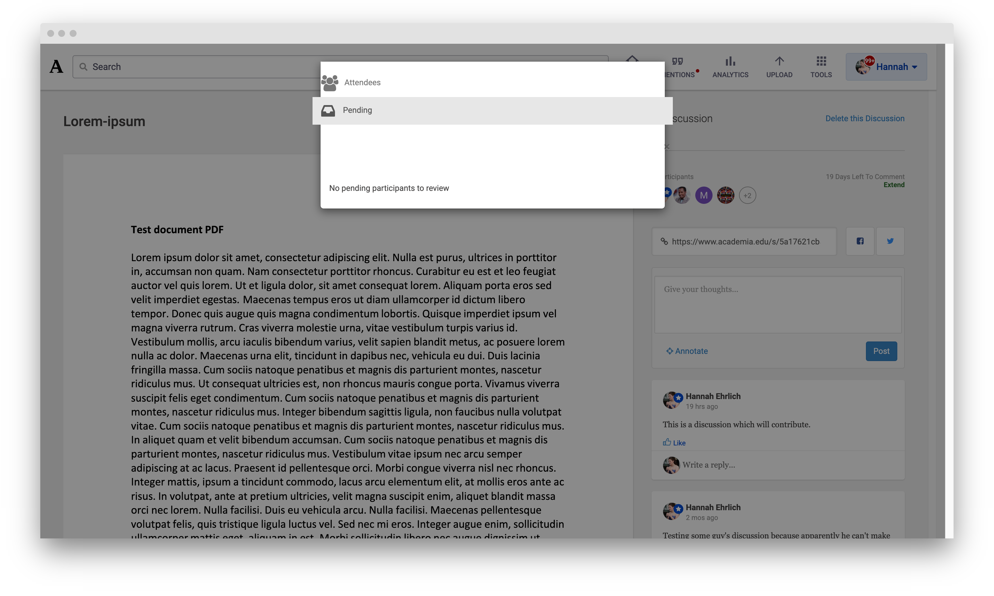 A pop-in window will appear after you click the "People" icon with two options: Attendees, and below that, Pending. Click Pending to continue.