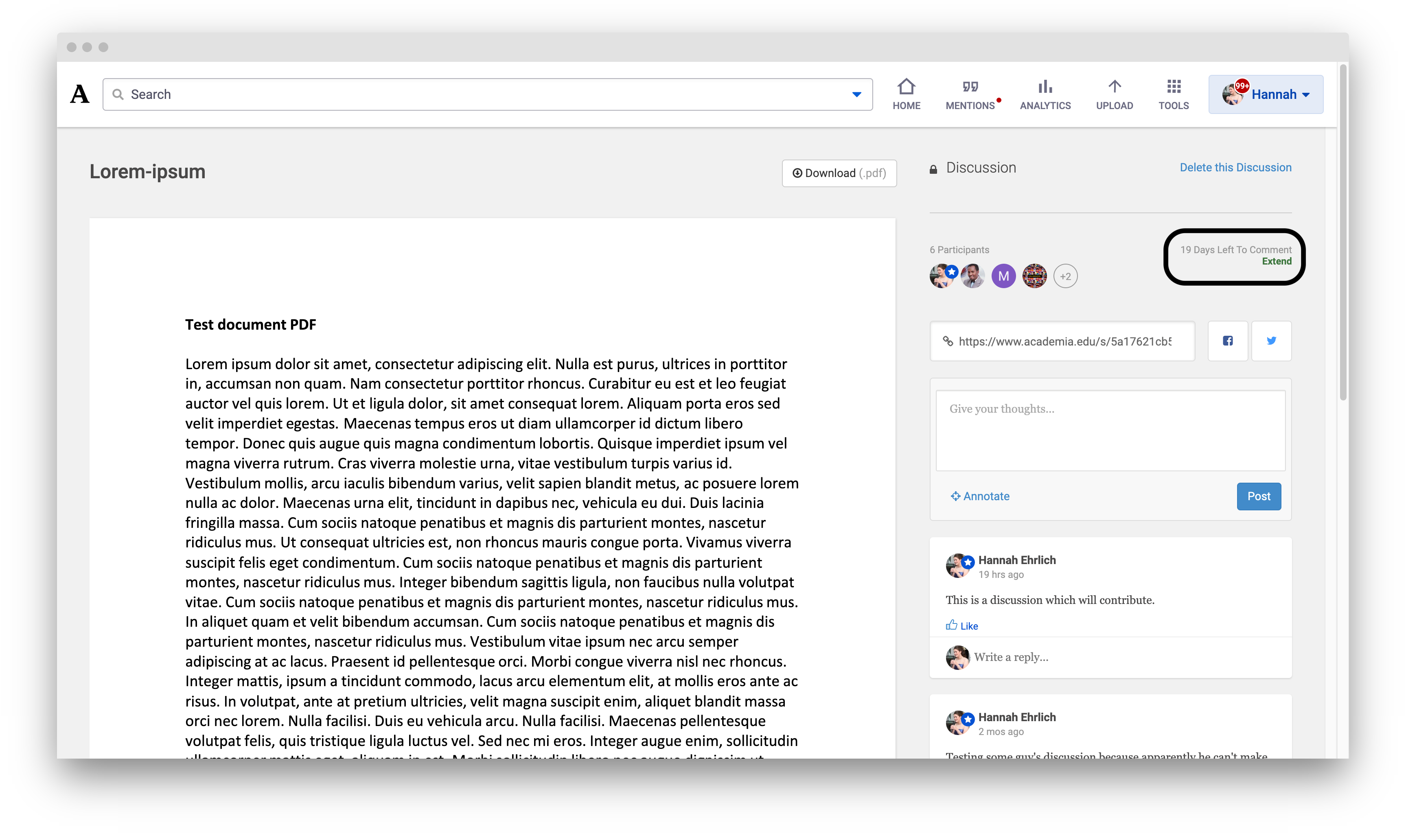 A screenshot of the "Extend" button, located to the top-right of the page in the Discussion column.
