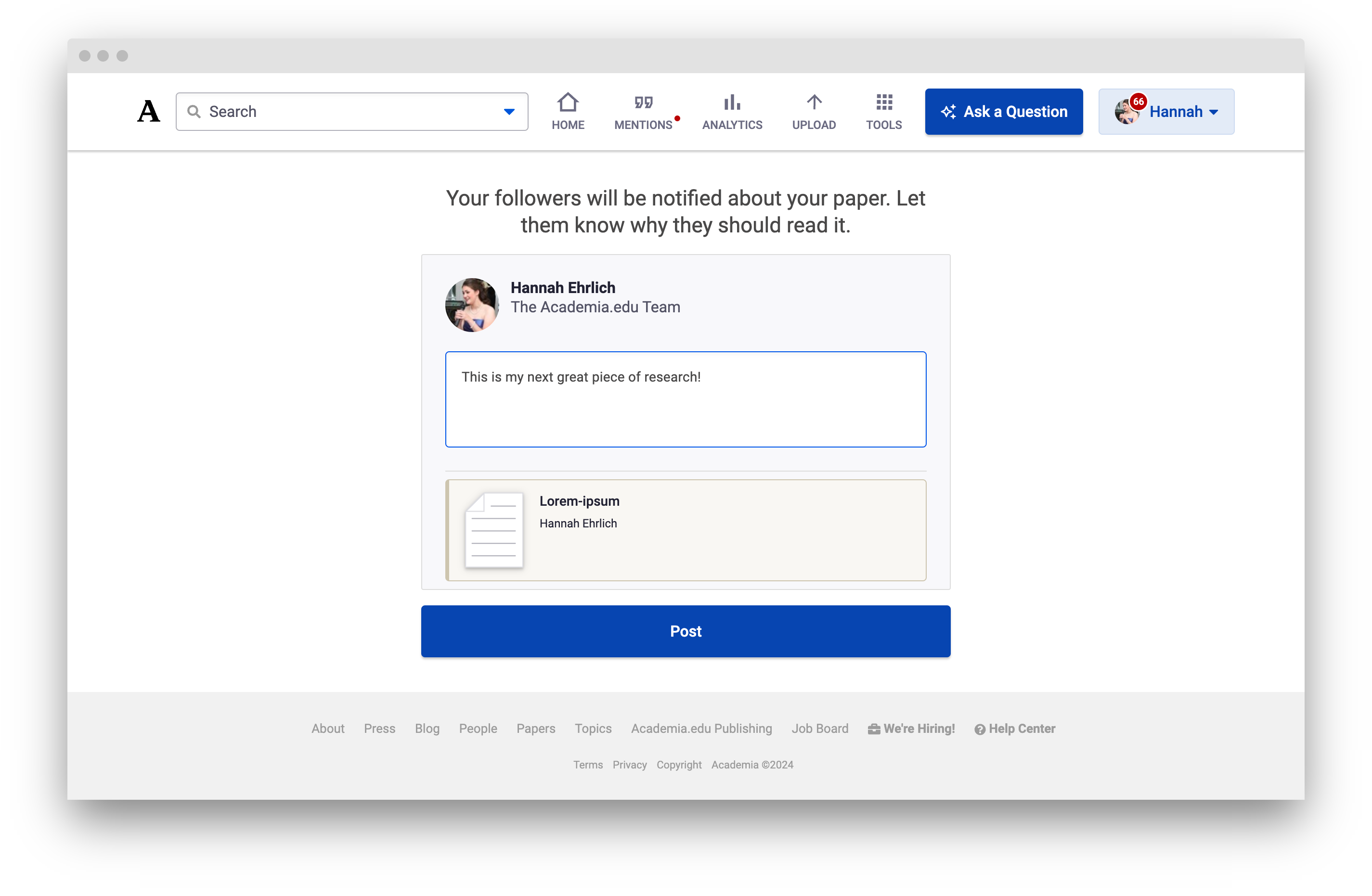 The post button is located at the bottom of the screen, underneath the text box and paper attachment preview.