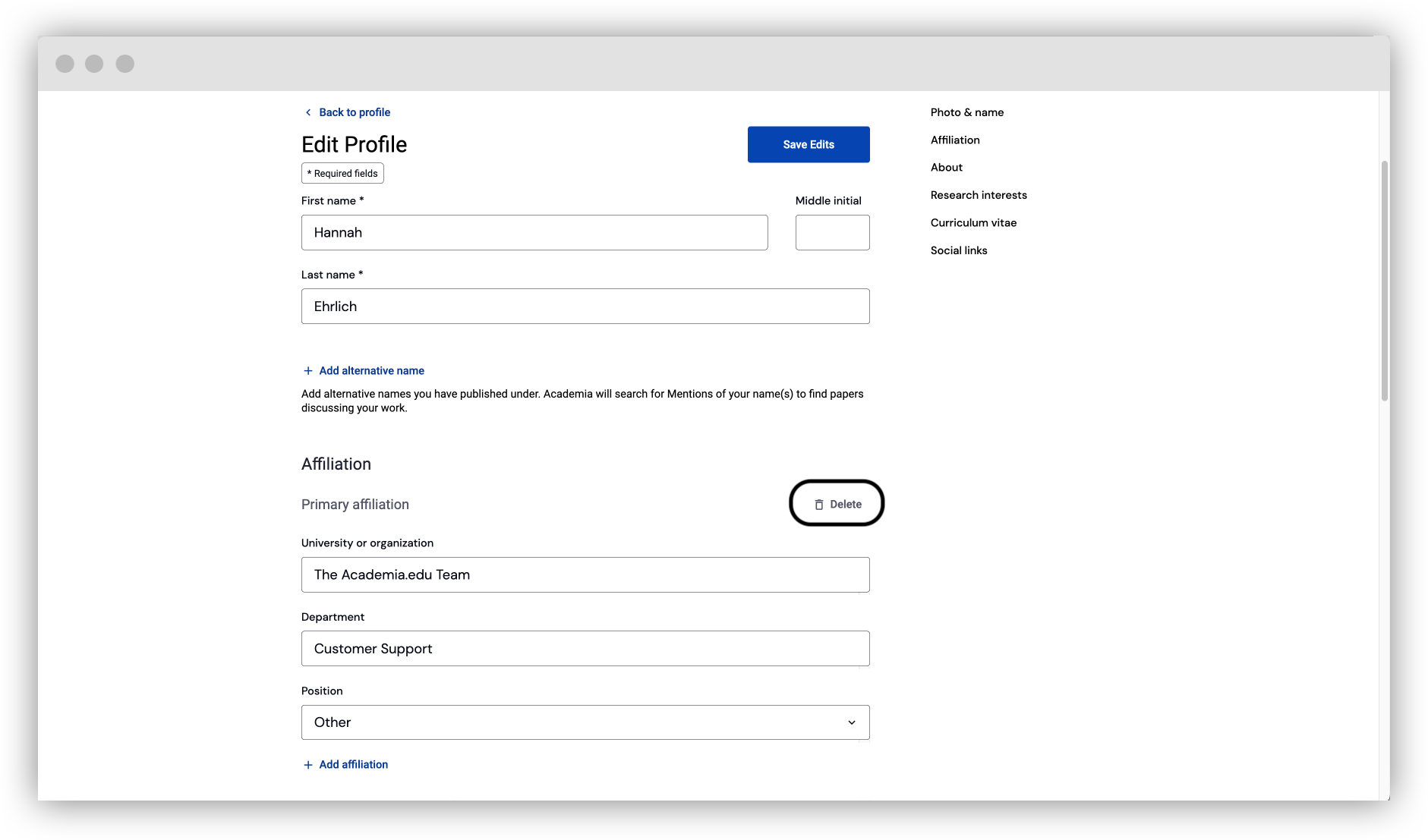 Click the Delete button next to the affiliation you wish to remove.