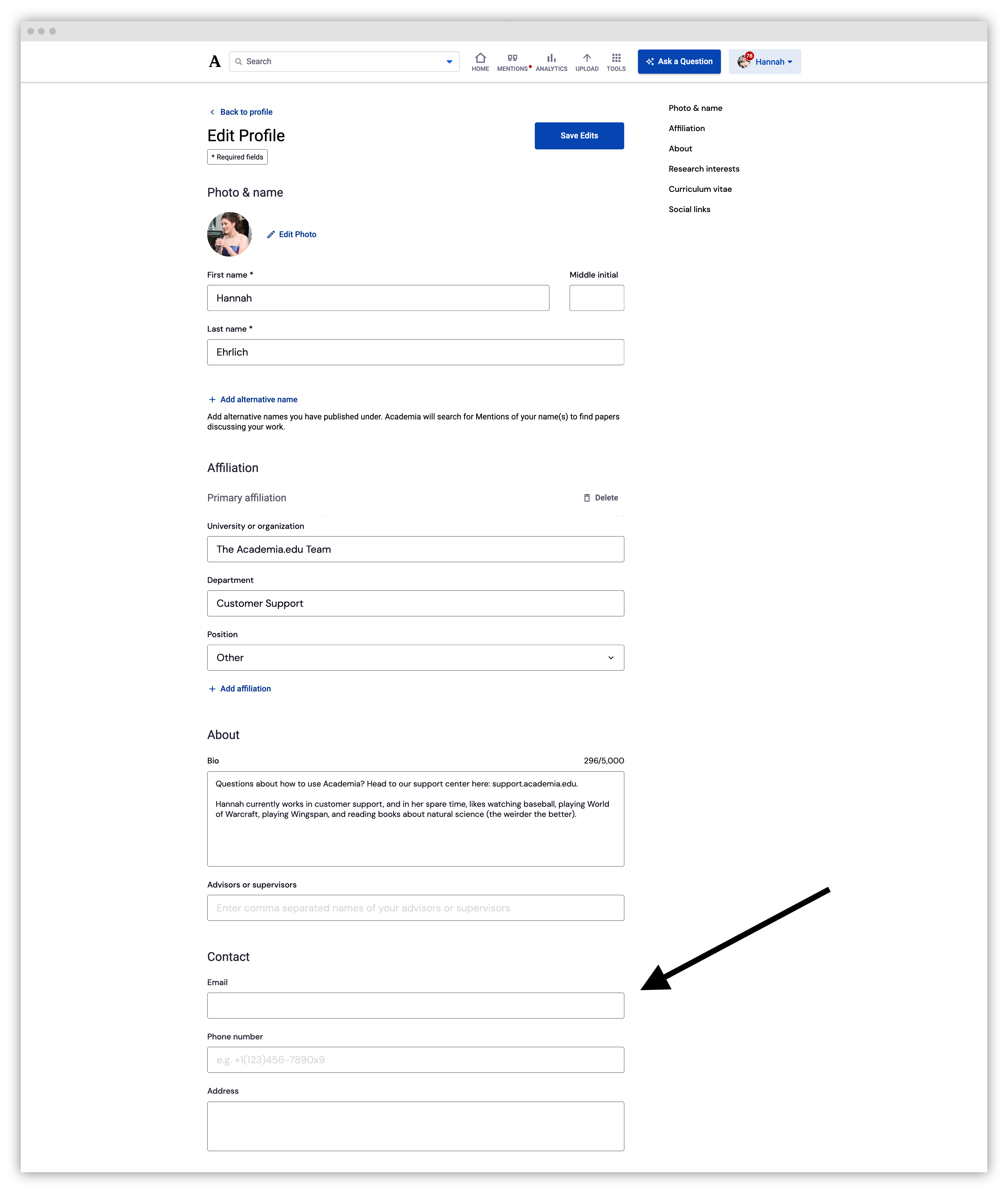 The Contact section is below your Affiliation and About sections on the editing page.