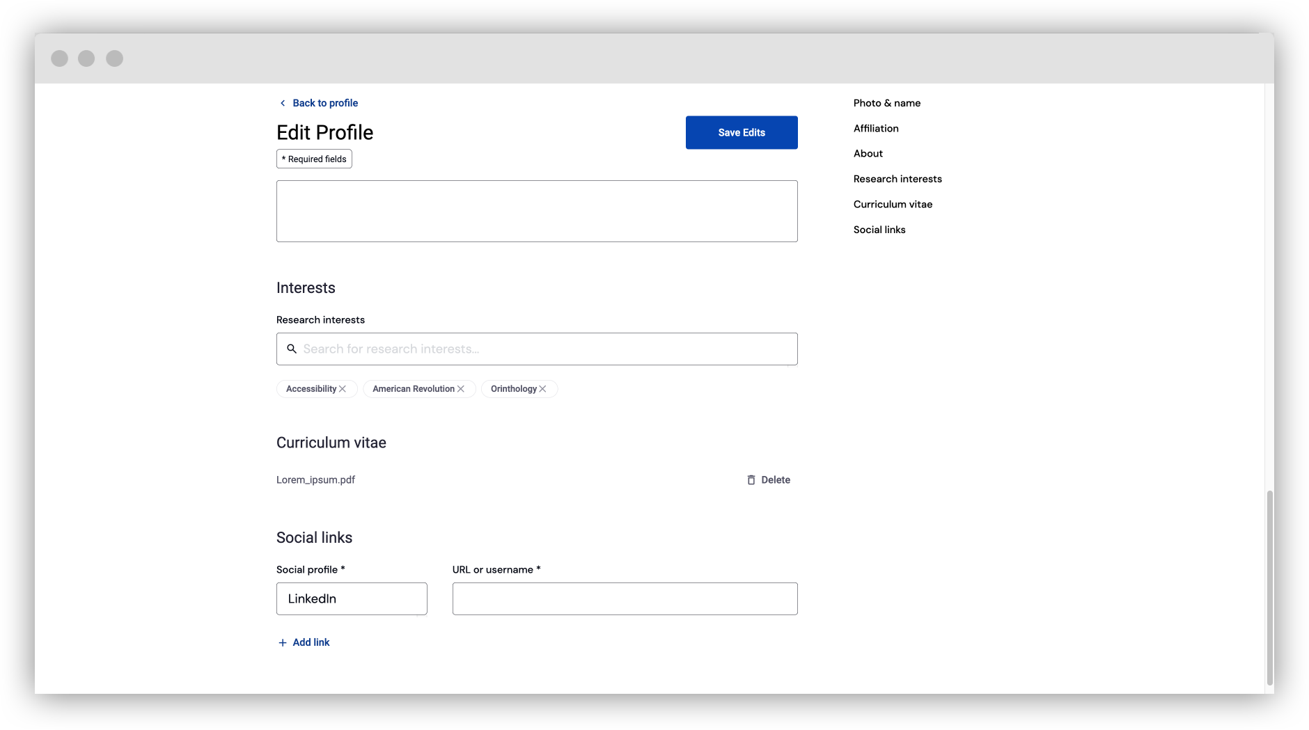 "Social links" is below the curriculum vitae section.