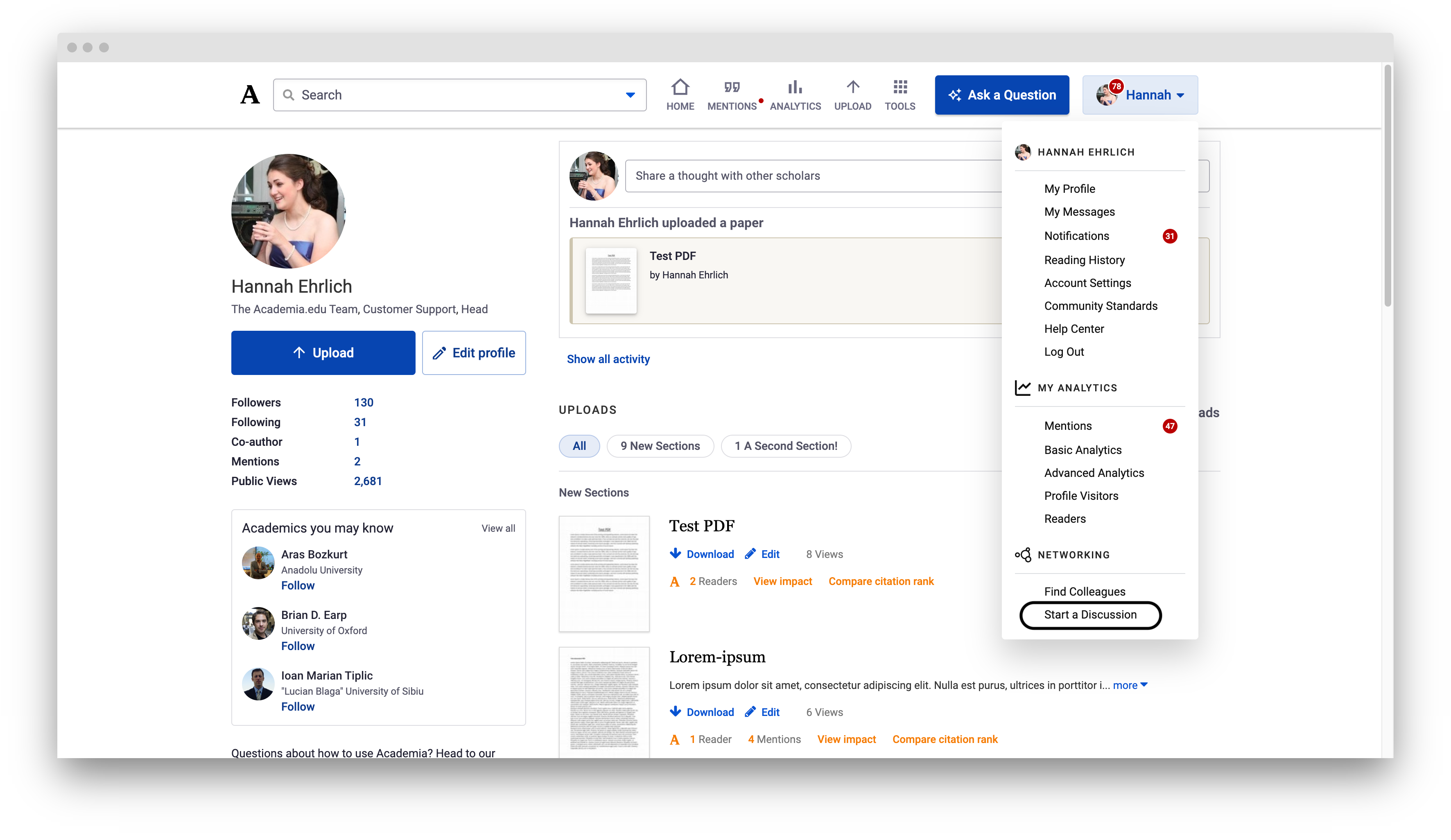 On Desktop, click on your name and profile photo in the upper-right corner of the screen. "Start a Discussion" is at the bottom of the extended list of options.