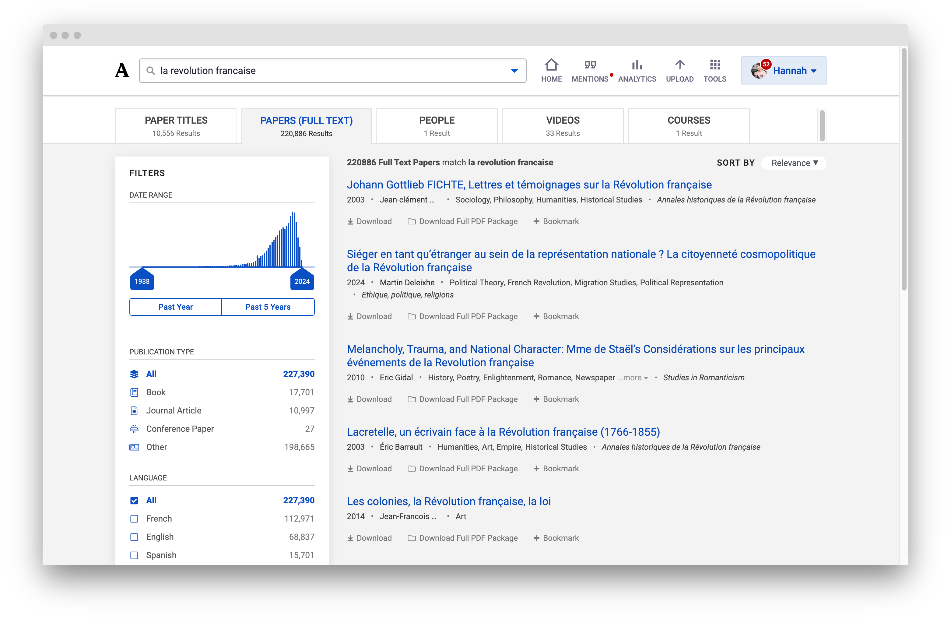 A screenshot of Advanced Search, showing an example of the results after searching "la revolution francaise"