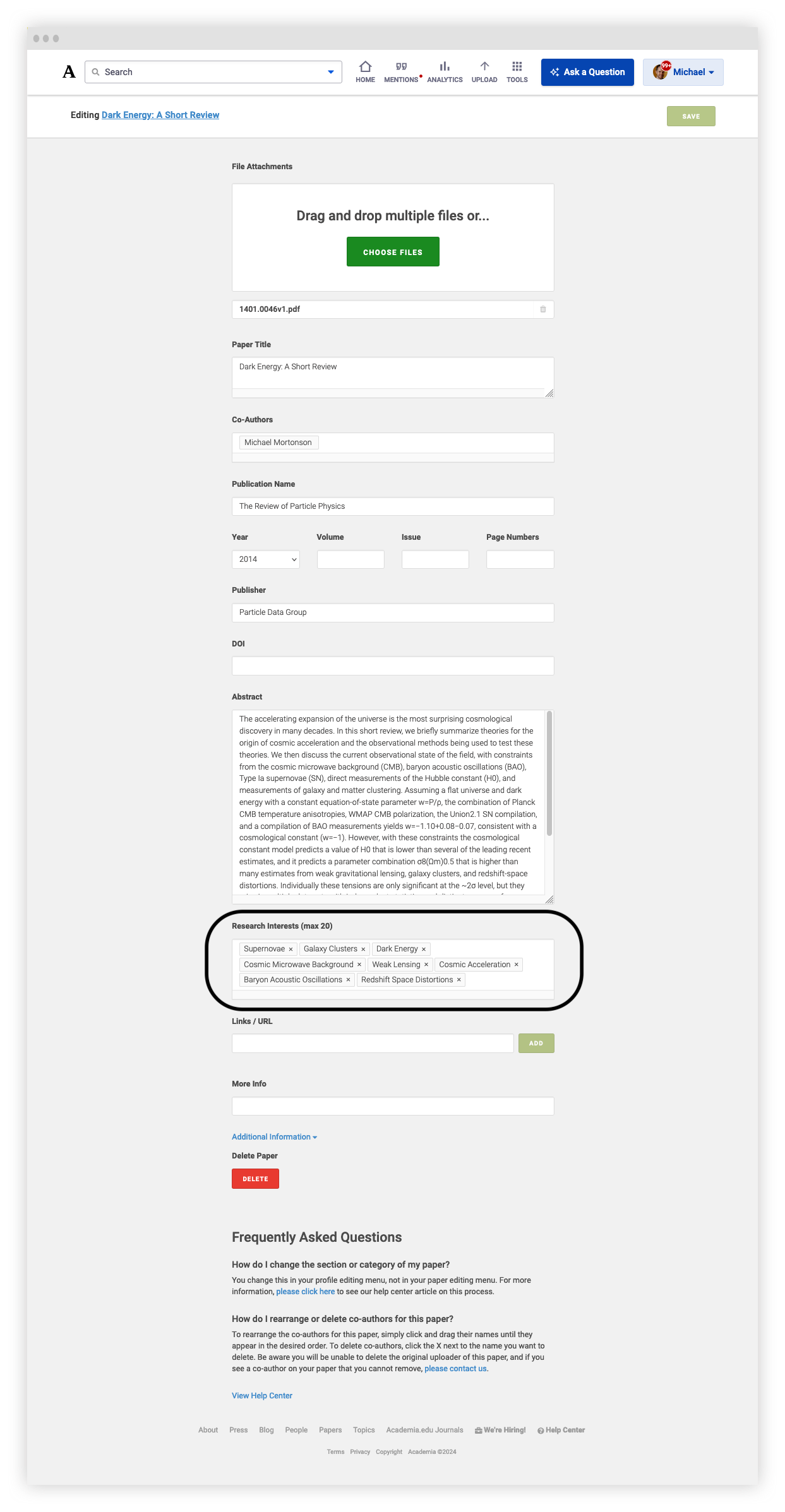 The Research Interests section is below your abstract.