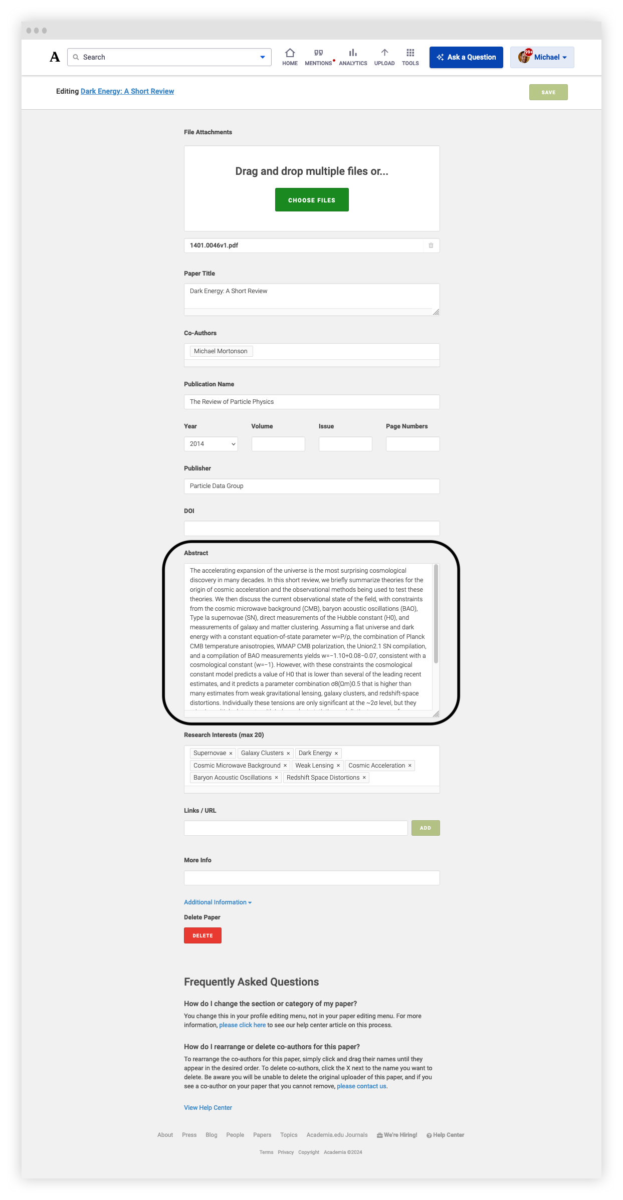 Scroll to the Abstract box, edit the text, then select “Save” in the top right.