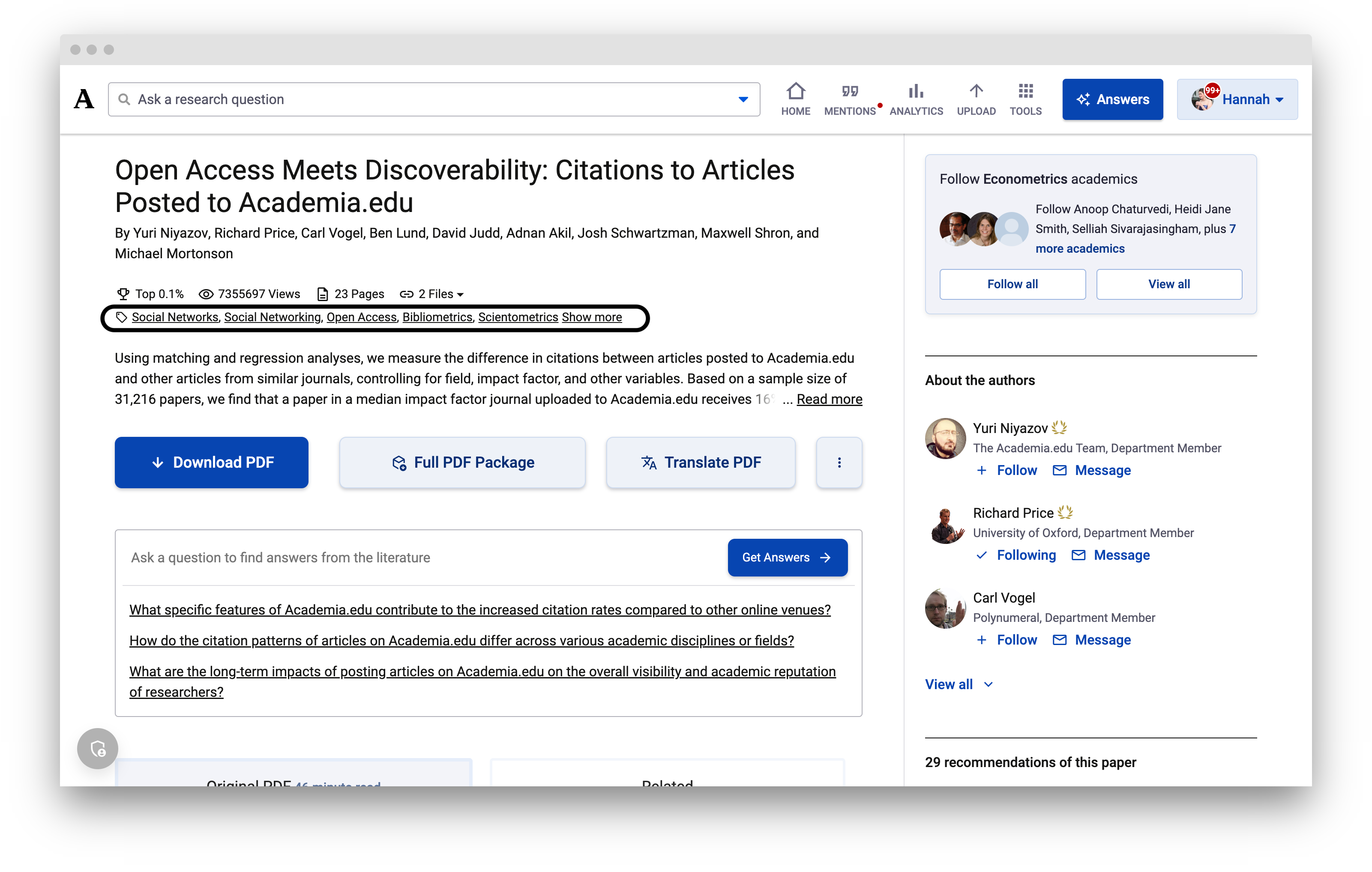 Research Interests are tucked below the title, but above the abstract of your paper.