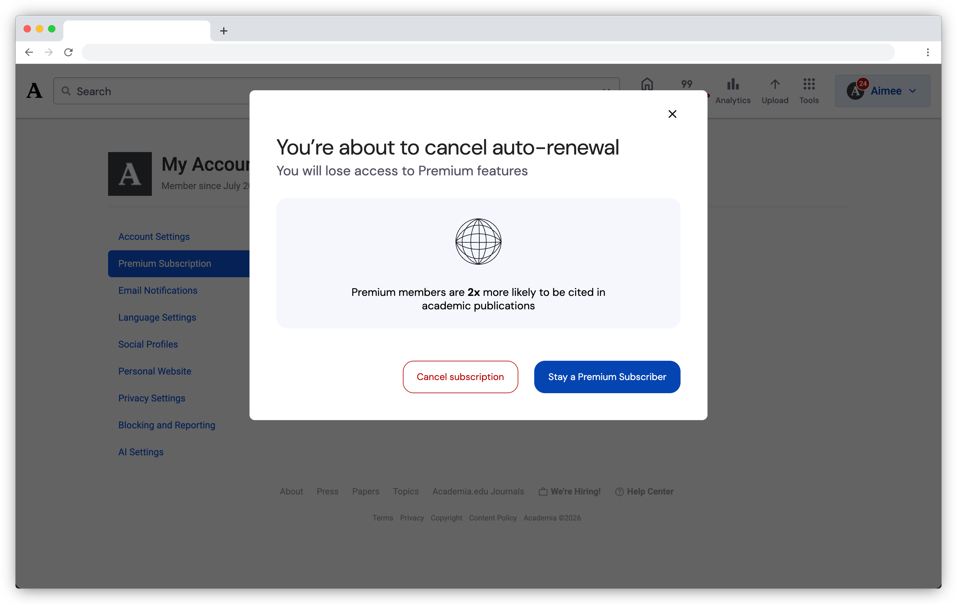 A pop-in window with the message "You're about to cancel auto-renewal" will appear. Click Cancel subscription in the window to proceed.
