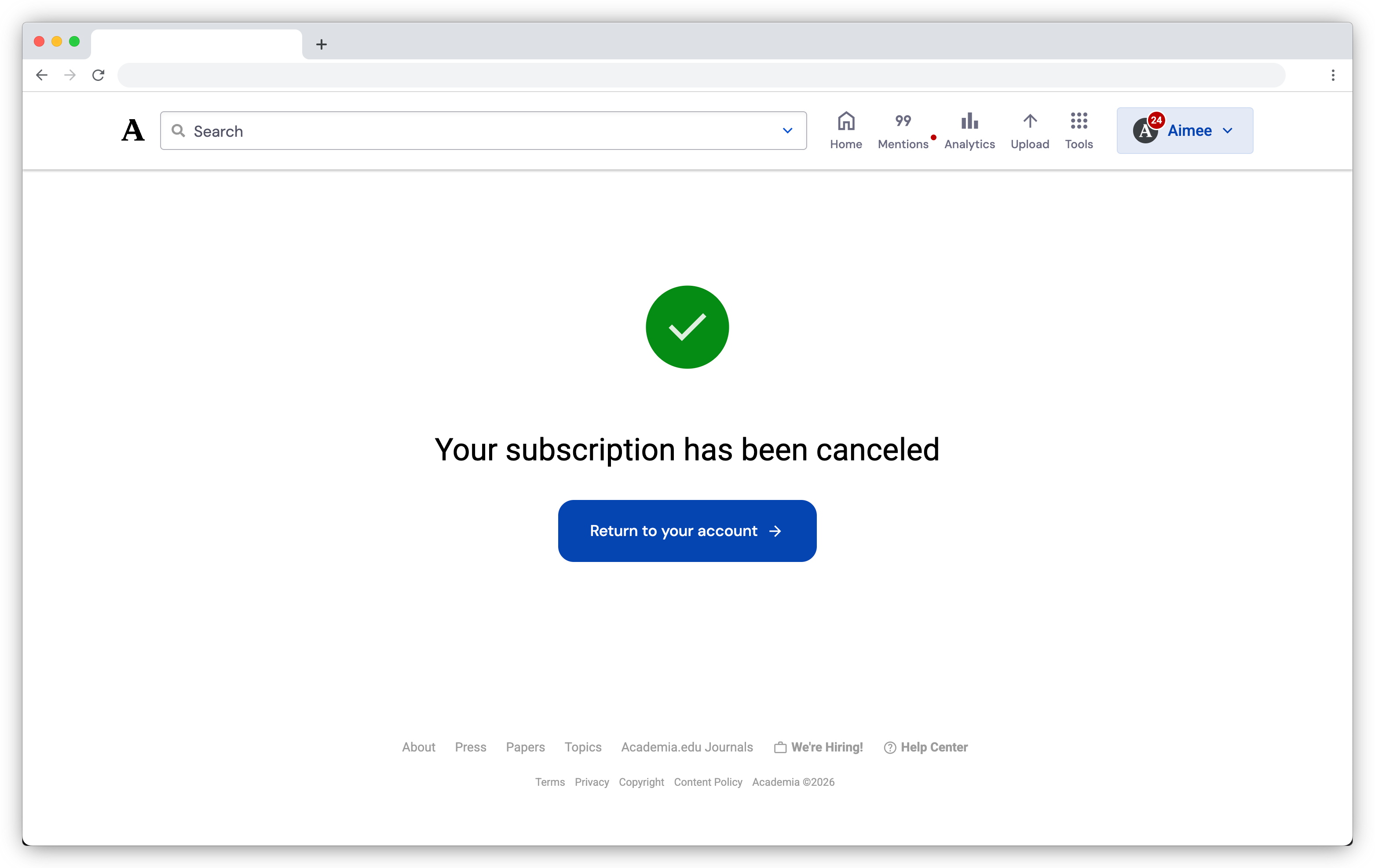 The confirmation page with the text Your subscription has been canceled and an option to return to your account.
