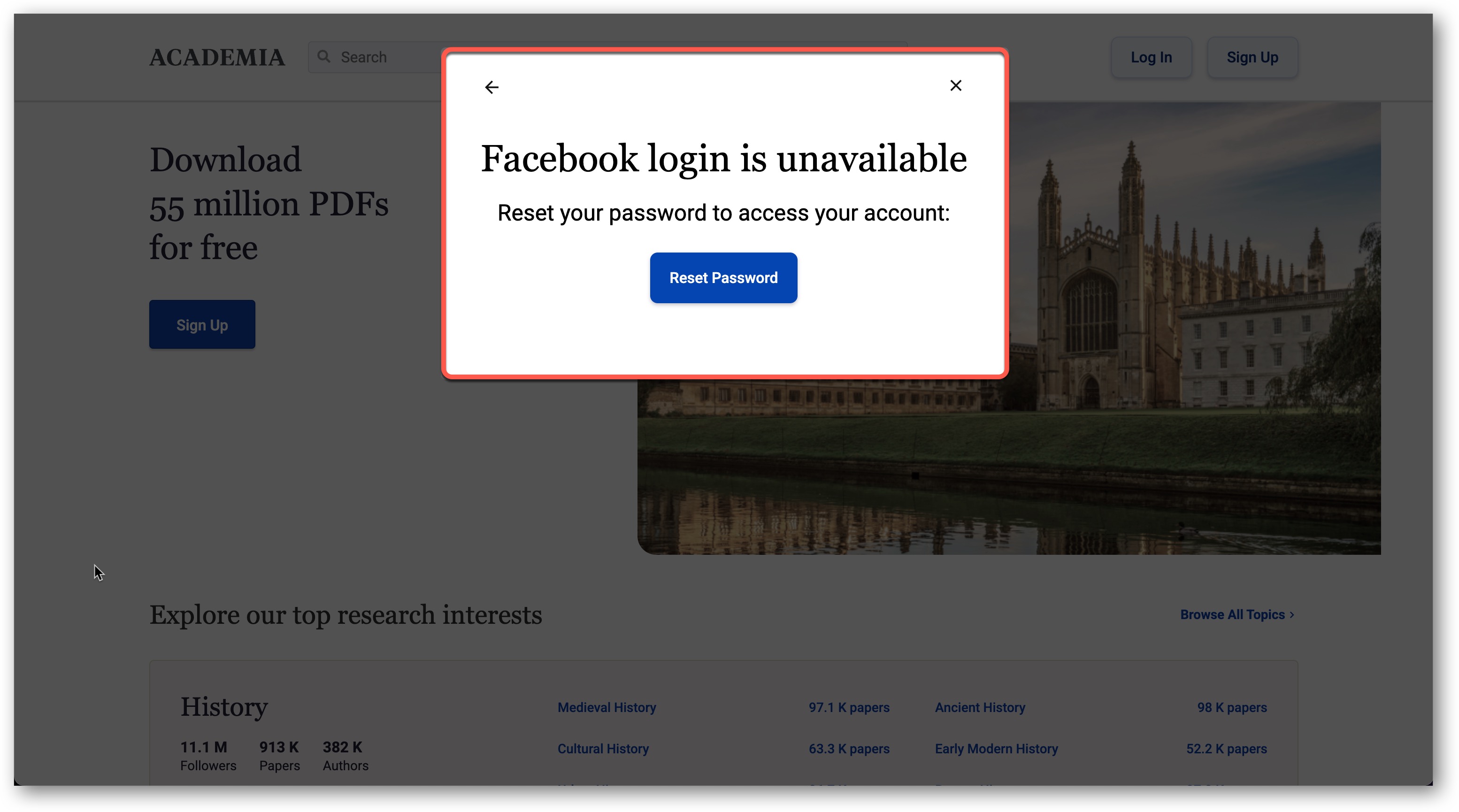 Facebook login is unavailable