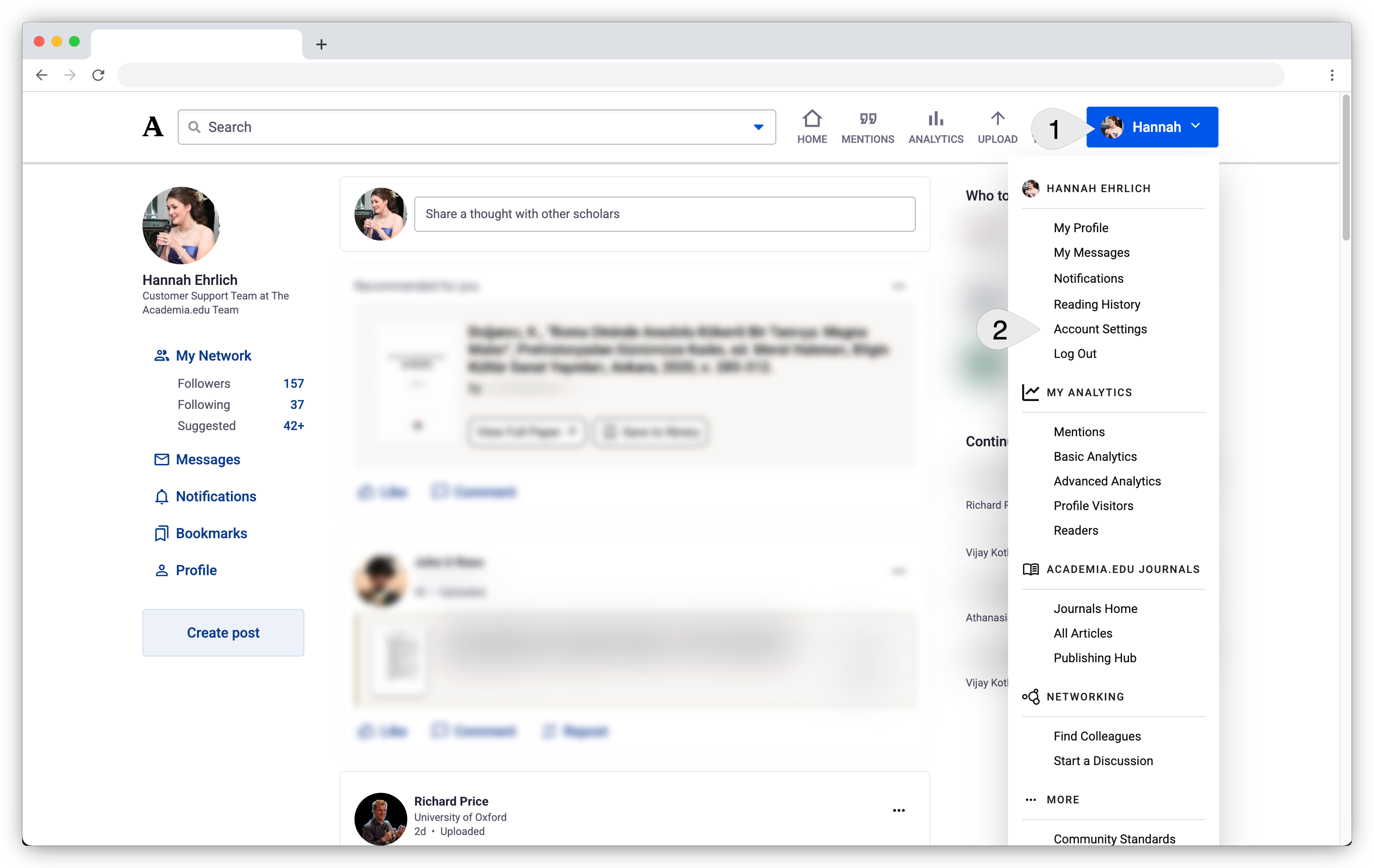 Click the button with your name and profile photo in the upper-right corner of the screen to open a menu. On this menu, click "Account Settings".