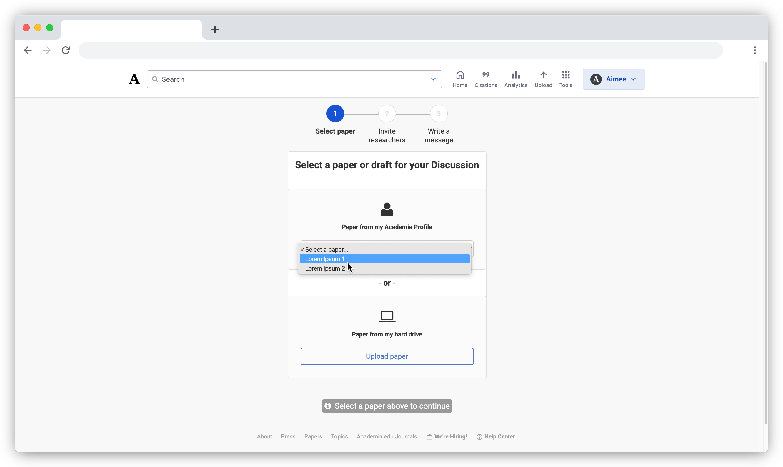 A drop-down menu will open with a list of the papers you've uploaded to Academia. Select a paper from the list to continue.