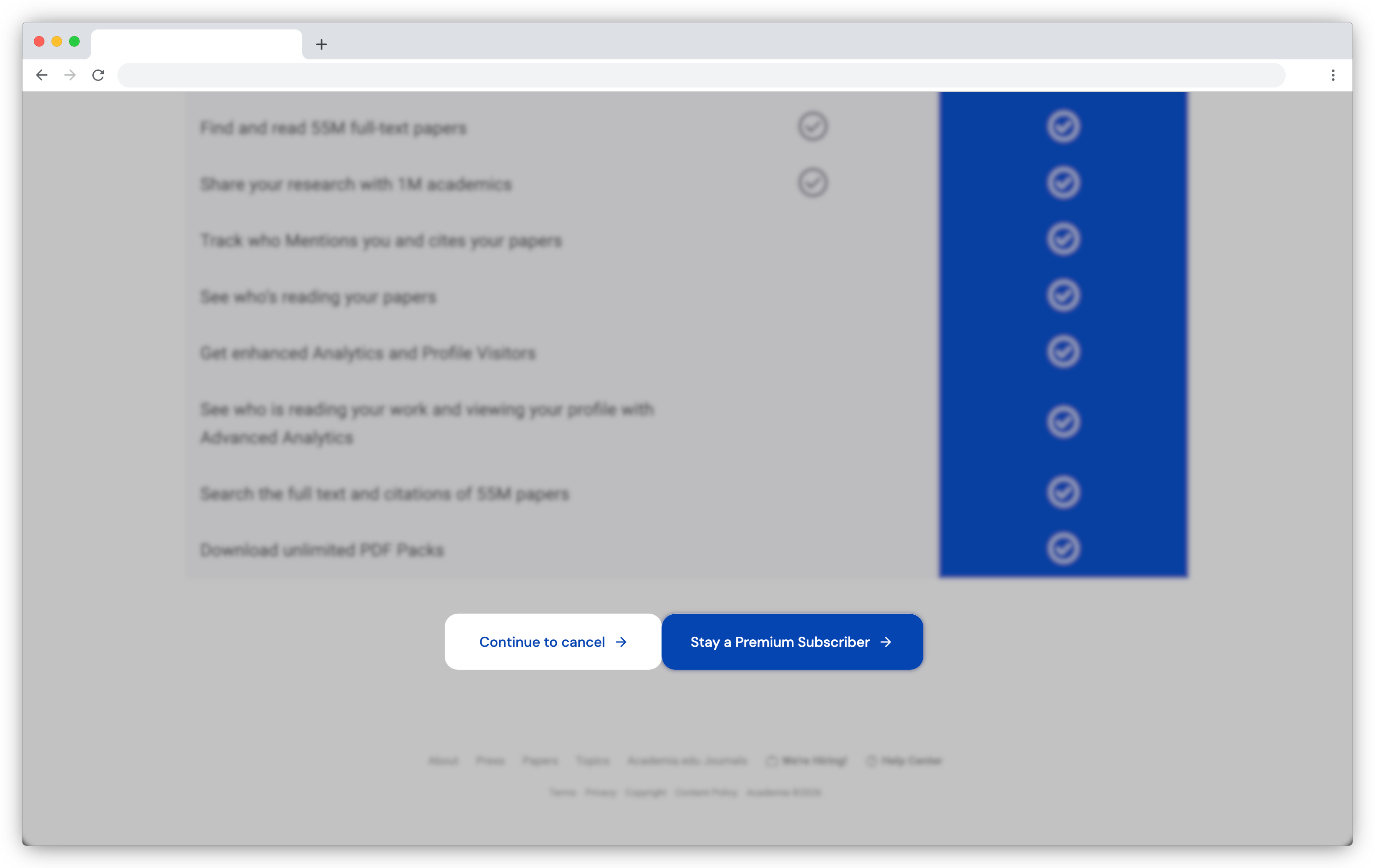 A new page with a list of Academia Premium benefits, followed by a Continue to cancel button.