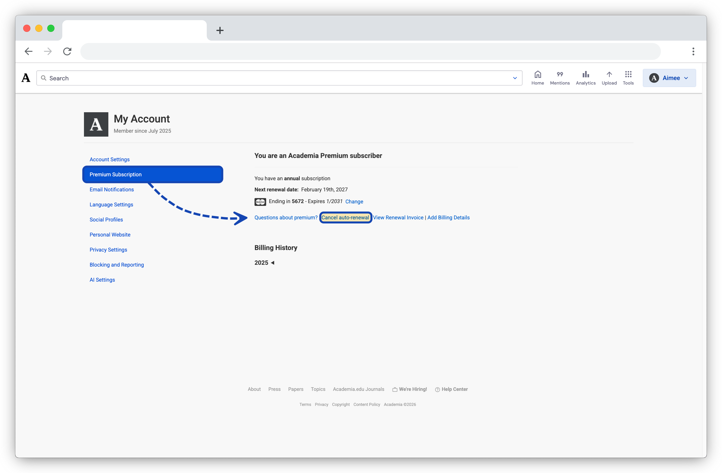 Click the Premium Settings tab to click the Cancel auto-renewal link on the page.