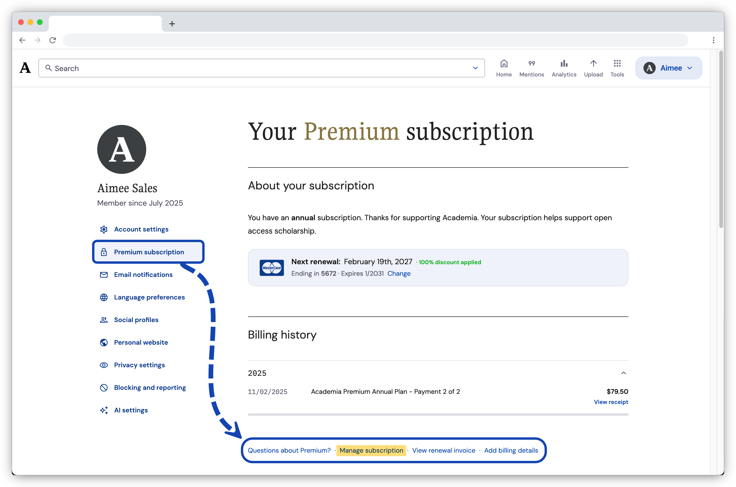 Account Settings page with Premium subscription selected in the sidebar and a Manage subscription option on the page and Manage Subscription highlighted at the bottom.