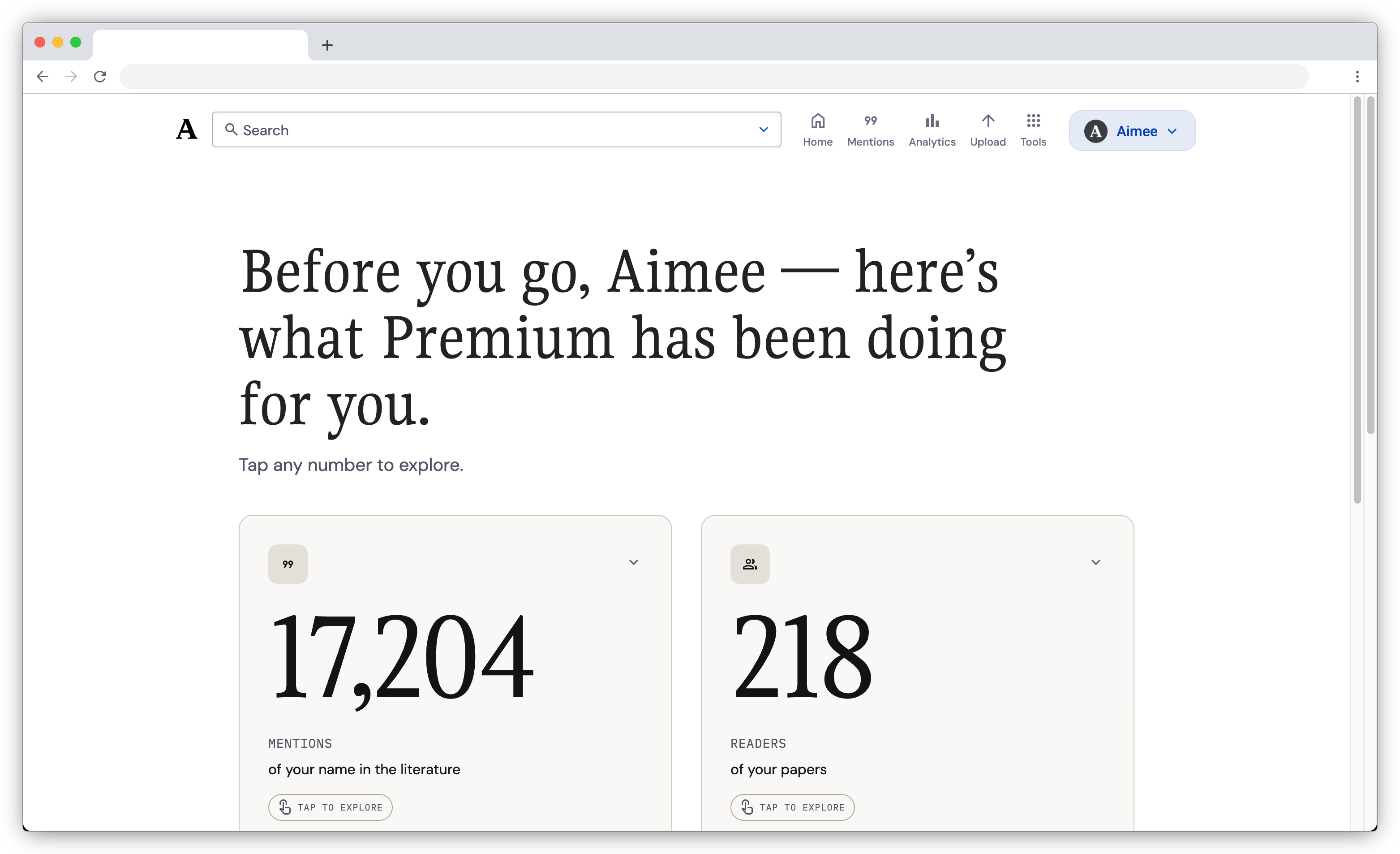 Premium benefits page showing a summary of your Academia activity and Premium features before cancellation.