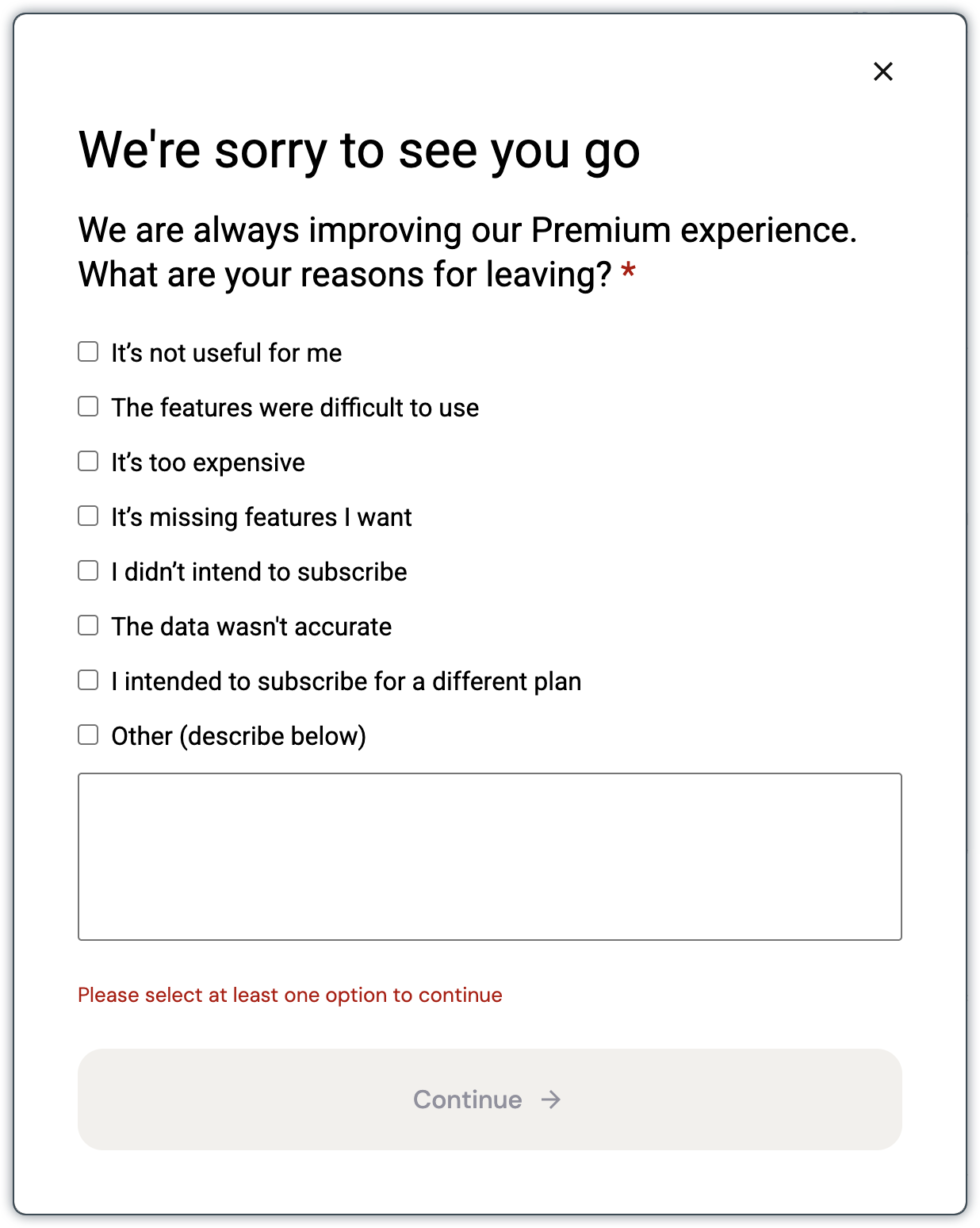 Cancellation reason screen with checkbox options and a Continue button. Please select at least one option to continue.