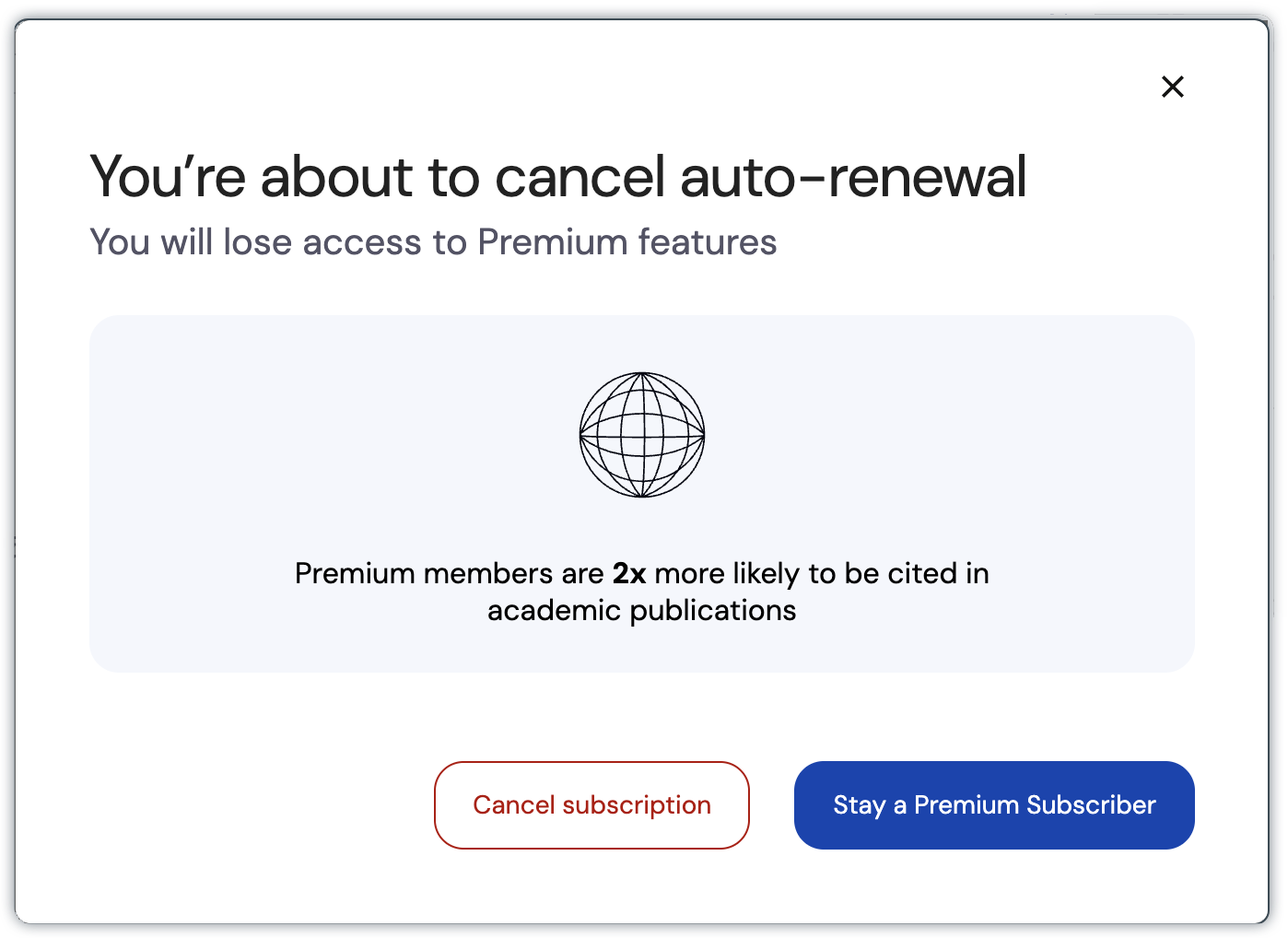 Cancellation warning screen with Cancel subscription and Stay a Premium Subscriber options.