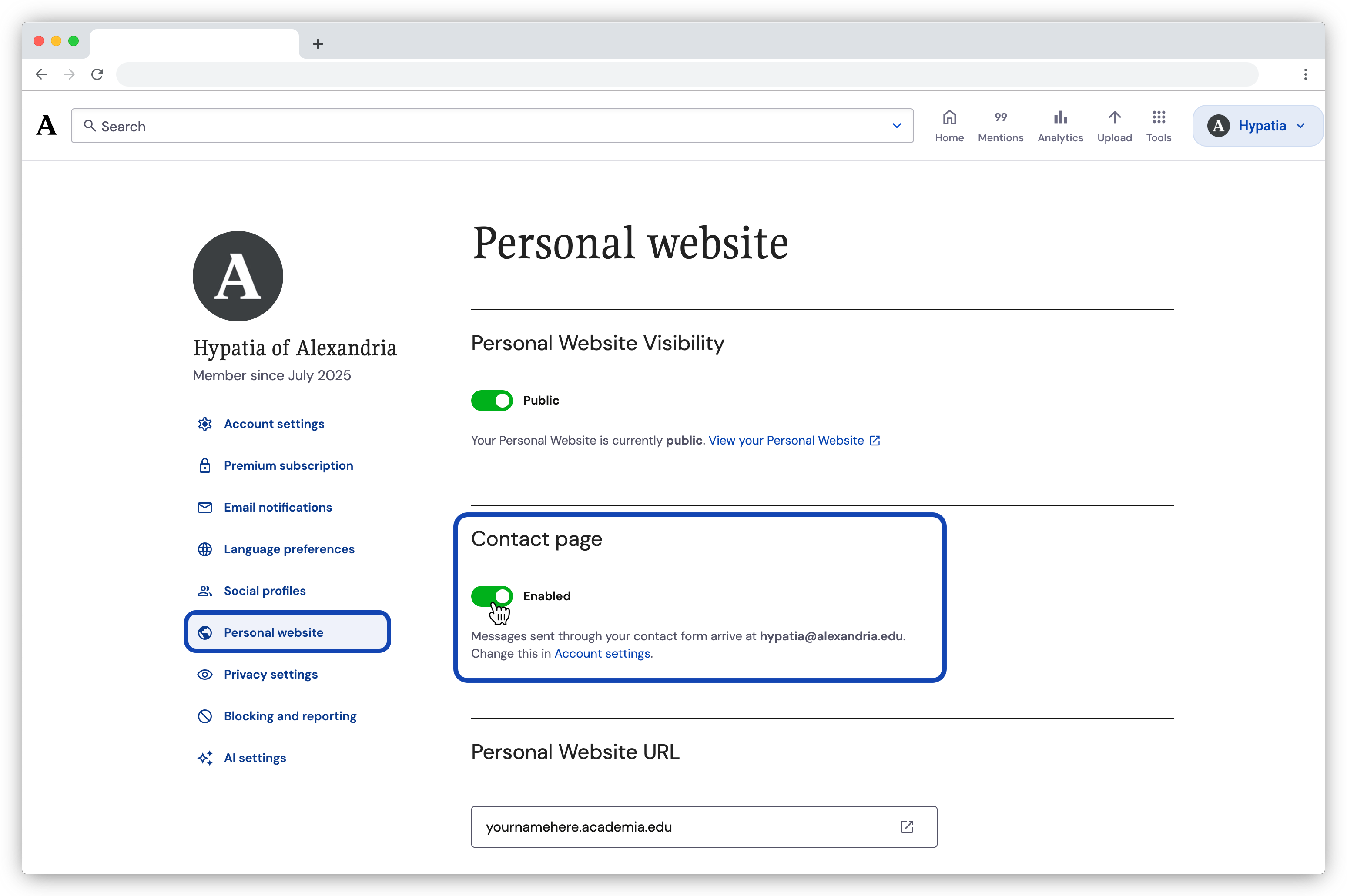 Personal website contact page setting showing that messages will be sent to the email address connected to the Academia account.
