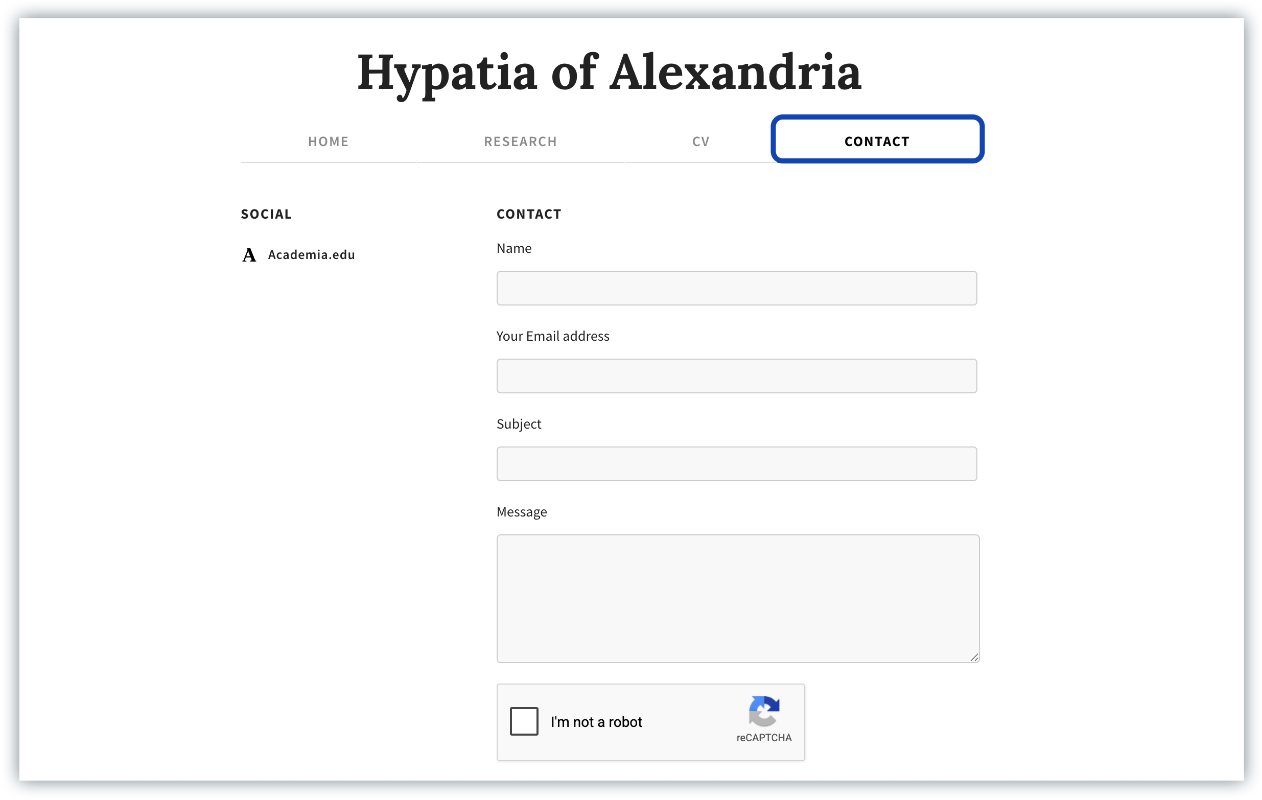 Contact form on a personal website with fields for name, email address, subject, and message, plus social profile links below the form.