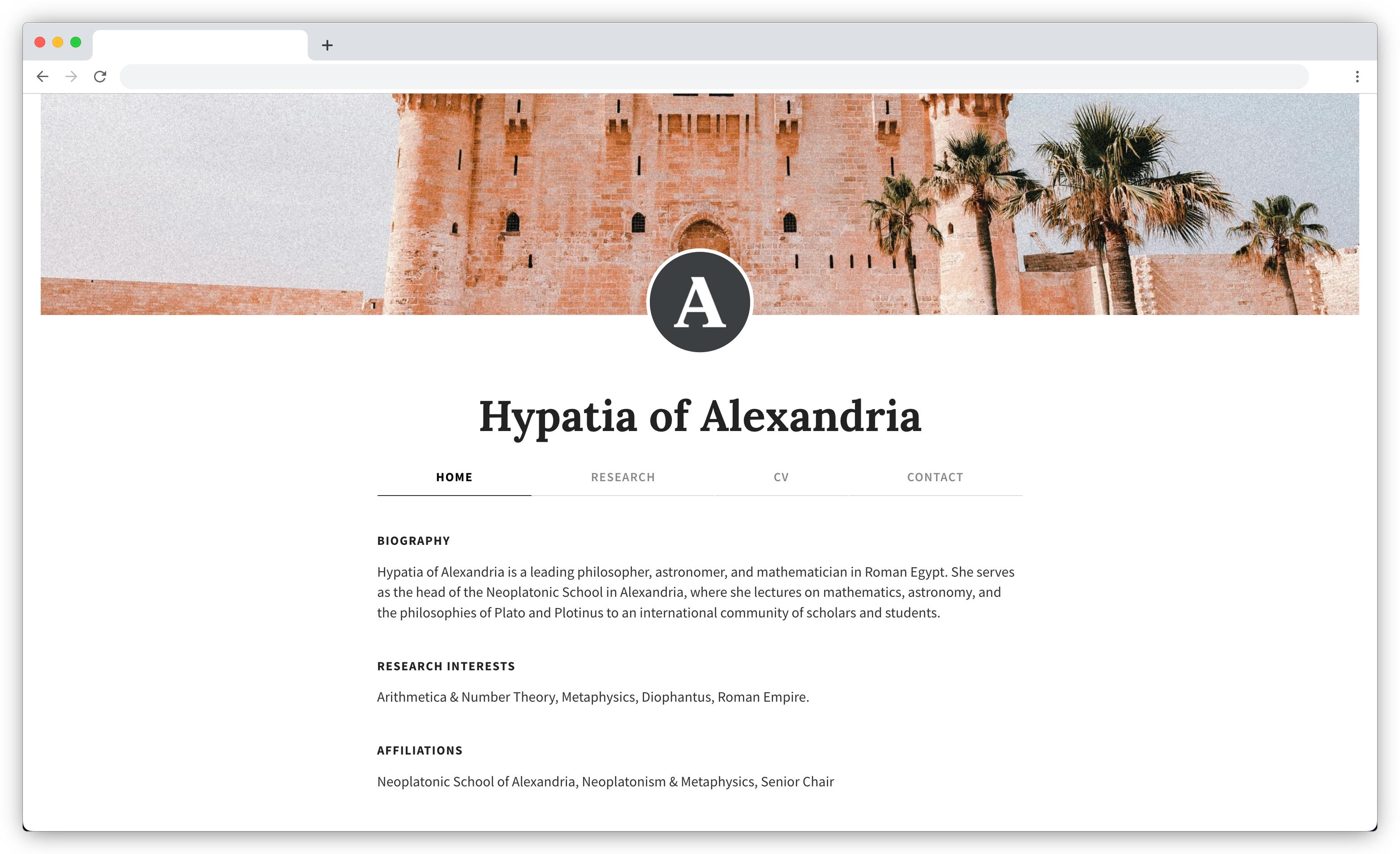 Example personal website showing how a cover photo appears at the top of the page.