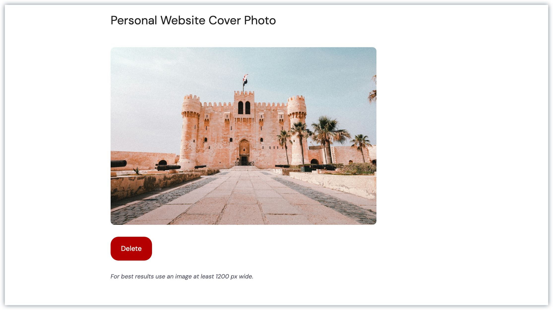 Personal Website Cover Photo section showing the Delete option under the current cover photo.