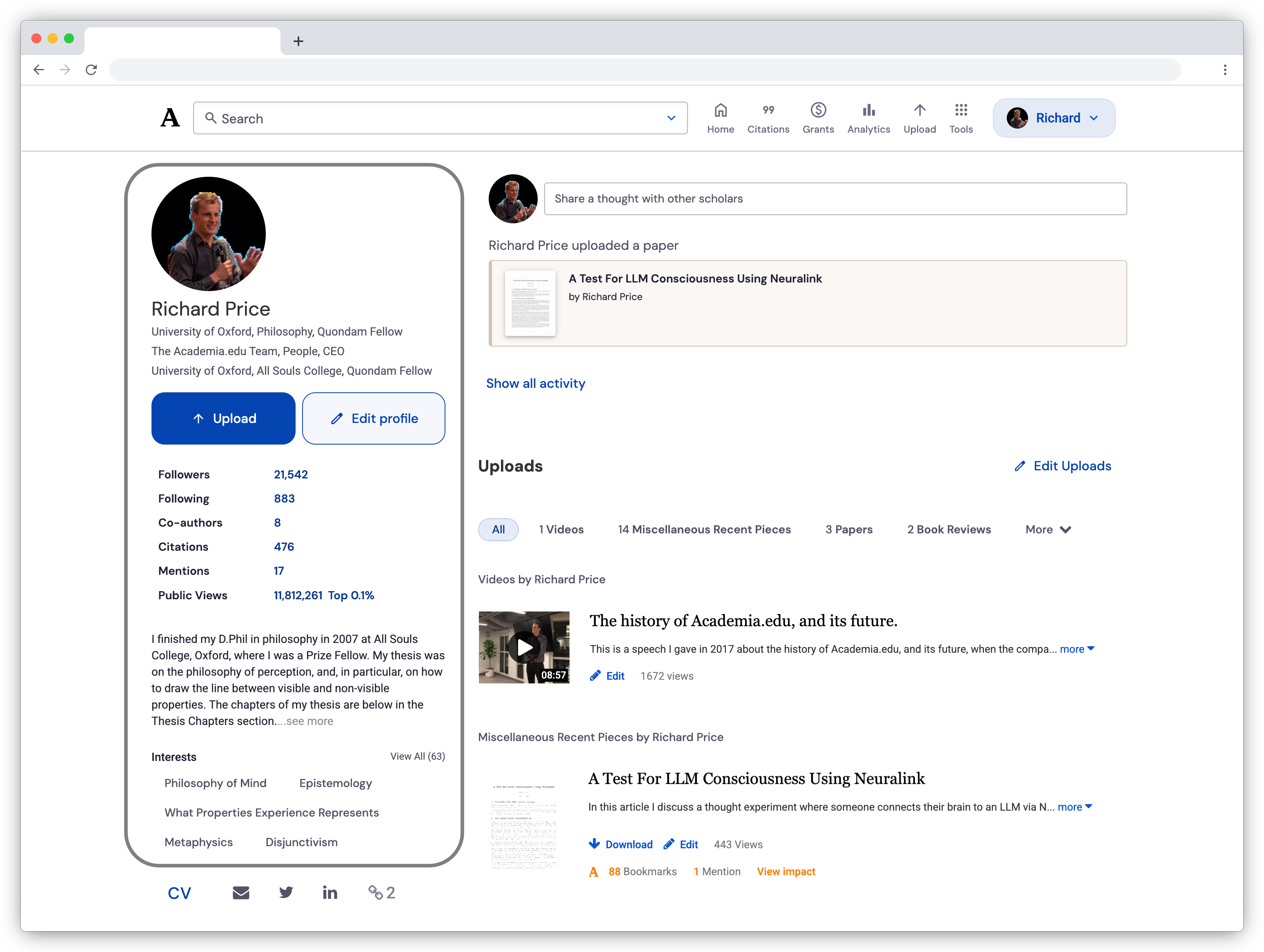 Example Academia.edu profile page showing the profile photo, display name, biography, research interests, and affiliations that sync to the Personal Website.
