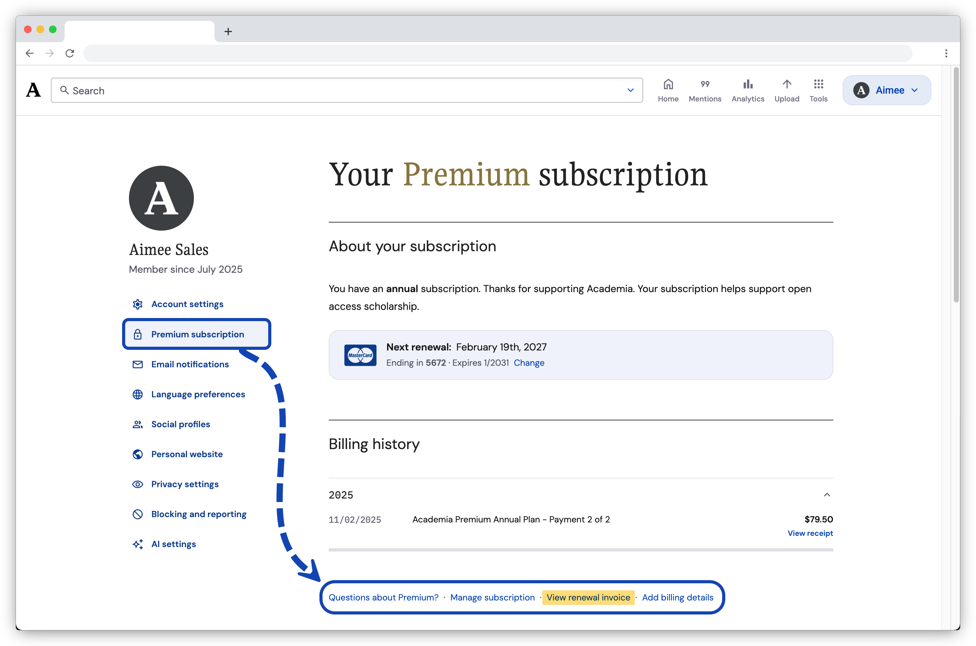 Account Settings - Premium subscription - View renewal invoice.png