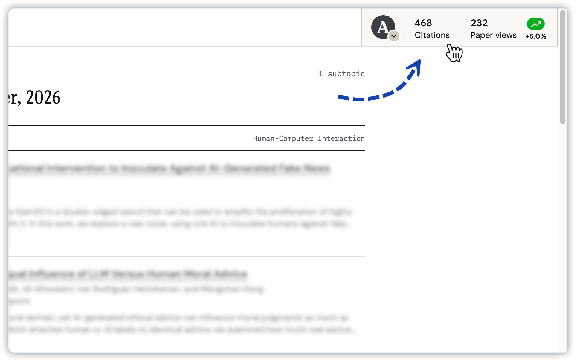 The Academia navigation bar and Citations dashboard snippet, showing a total citation count of 468 alongside recent paper view metrics.