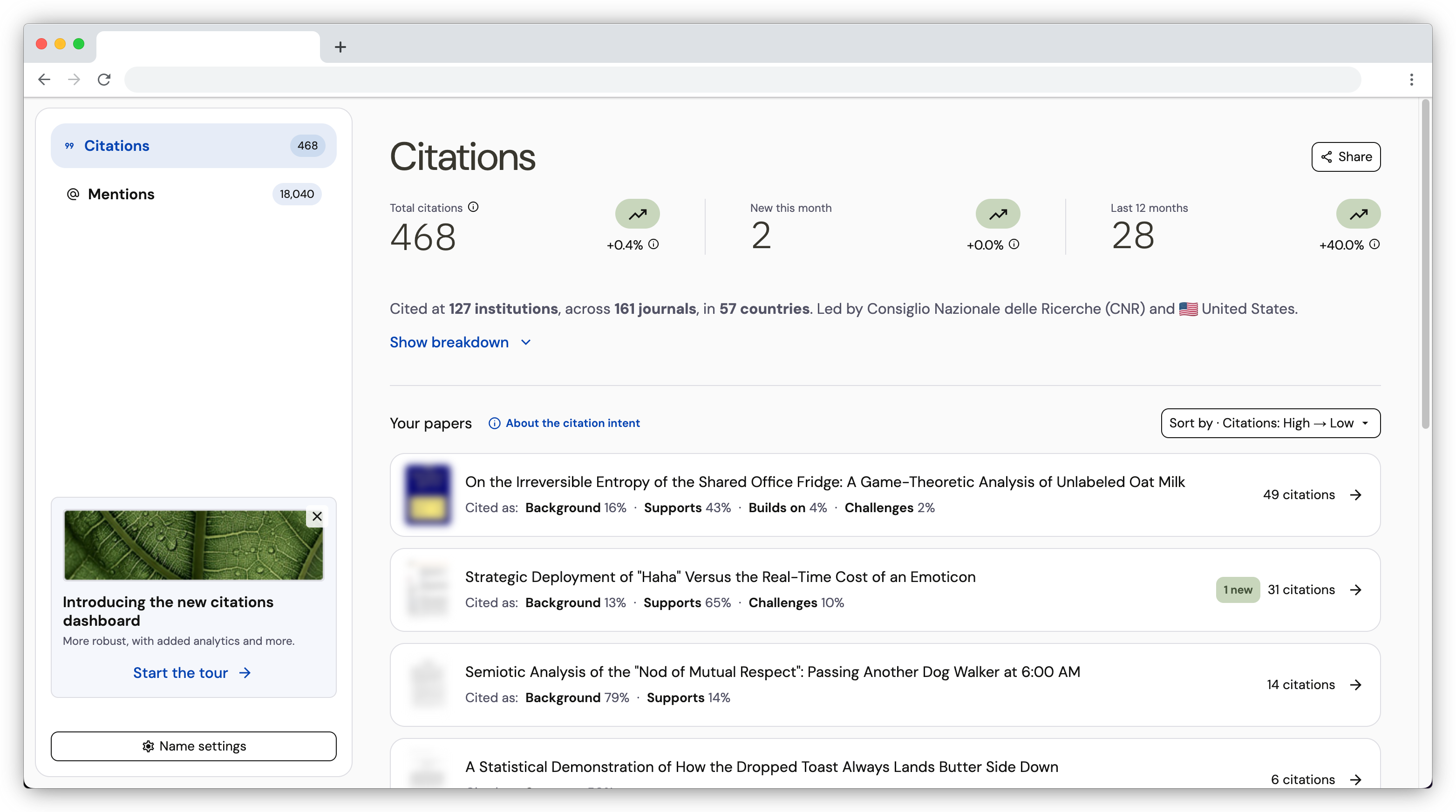 Academia Citations dashboard showing navigation tabs for Citations and Mentions, total citations (468), new citations this month (2), and stats from the last 6 months (28).